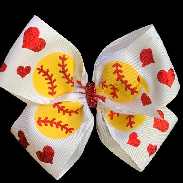 Softball Bow, Classic Style, Red Hearts