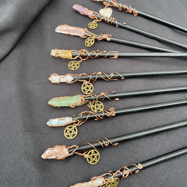 Witch's wand, handmade wand, magic crystal wand, Wicca wand, crystal wiccan wand, handmade crystal wand, pentacle charm, wizard wand