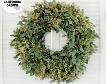 Fresh Seeded Eucalyptus + Rosemary Wreath – Greenery Herb Wreath for Front Door | Church Door | Housewarming Gift