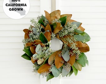 Fresh Handmade Magnolia + Seeded Eucalyptus Wreath 12"- Greenery Wreath for Front Door, Church Door, Wedding, Home Decor