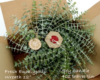 Gift Set - Fresh Living Eucalyptus Wreath & Soy Candle Gift Thinking of You House Warming Gift for Her, Him, Mom, Sister