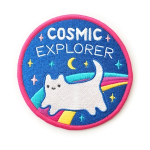 Cosmic Explorer Cat Iron-on Patch - 3.5-inch Embroidered Space Kitten Illustration by Sparkle Collective