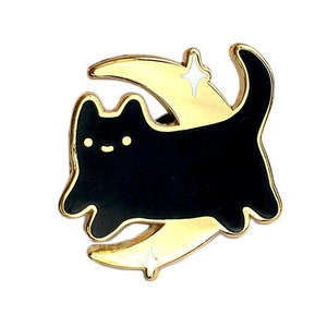 Black Midnight Baby Cat - Gold Metal Lapel Badge - Cute Illustration by Sparkle Collective
