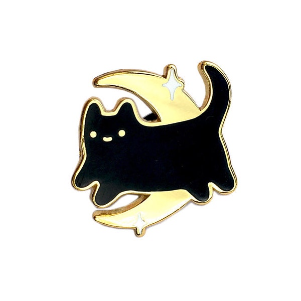 Black Midnight Baby Cat - Gold Metal Lapel Badge - Cute Illustration by Sparkle Collective