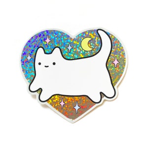 Baby Cat Holographic Glitter Heart Sticker - 3" Weatherproof Decal - Cute Rainbow Kitten Illustration by Sparkle Collective