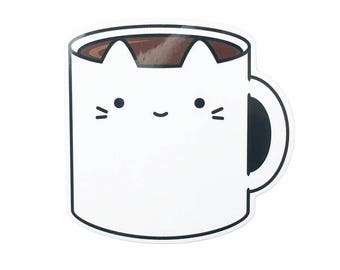 Coffee Cat Vinyl Sticker -  Die-Cut Weatherproof Glossy Decal - Cute Kitten Illustration by Sparkle Collective