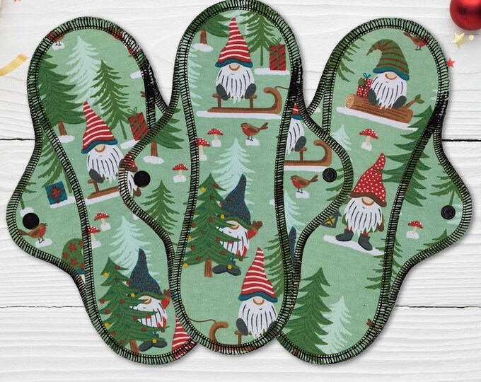 Reusable Cloth Pad - Midi Pad For Regular Flow - Cotton Flannel - 8″ to 14″ - Gnomes