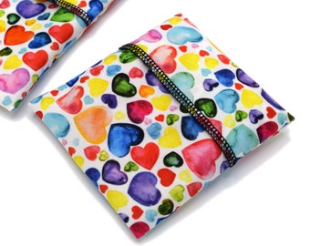 Cloth Pad Wrappers - Leakproof and Reusable Wet Bag for Cloth Pads in Small, Medium or Large, for Pads up to 14" - Rainbow Hearts