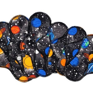 Cloth Pads Set for Medium Flow, Reusable Menstrual Cotton Flannel Pads in 8&quot; + 10&quot;, Period Starter Set, Solar System | Midi Pads - 6 pack