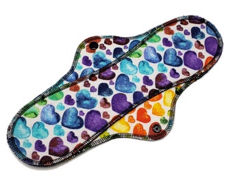 Rainbow Hearts Cloth Pad, Soft Flannel Pad for Medium Flow, Small Period Pad, Large Fabric Pad, Menstruating Pad, Cloth Pads for heavy flow