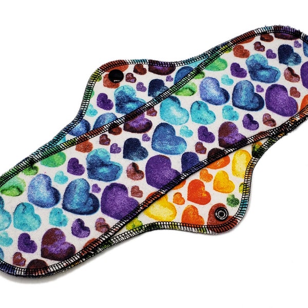 Rainbow Hearts Cloth Pad, Soft Flannel Pad for Medium Flow, Small Period Pad, Large Fabric Pad, Menstruating Pad, Cloth Pads for heavy flow