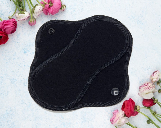 Cotton Flannel Panty Liners, Reusable Sanitary Napkin, Pantiliner, Reusable Menstration Cotton Pads, Cloth Pads Light, Black - LightWings