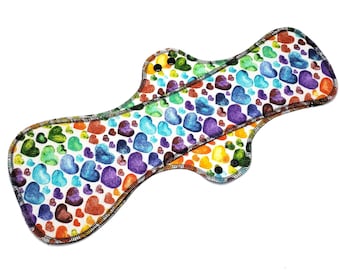 Reusable Cloth Pad - Maxi Pad For Heavy Flow - Cotton Flannel - 18" - Rainbow Hearts