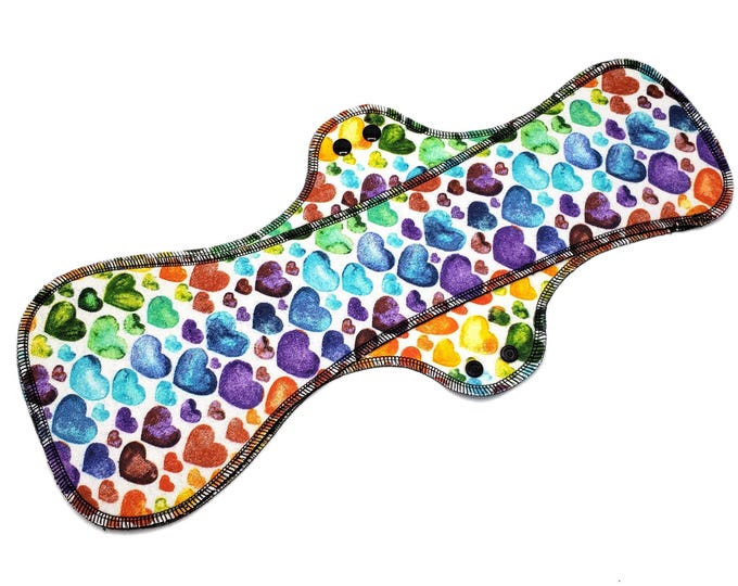 Reusable Cloth Pad - Maxi Pad For Heavy Flow - Cotton Flannel - 18" - Rainbow Hearts