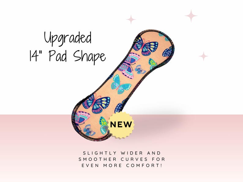 a 14-inch pad shape with a butterfly pattern, and it is described as "Upgraded" and "New" with the tagline "SLIGHTLY WIDER AND SMOOTH CURVES FOR EVEN MORE COMFORT!"