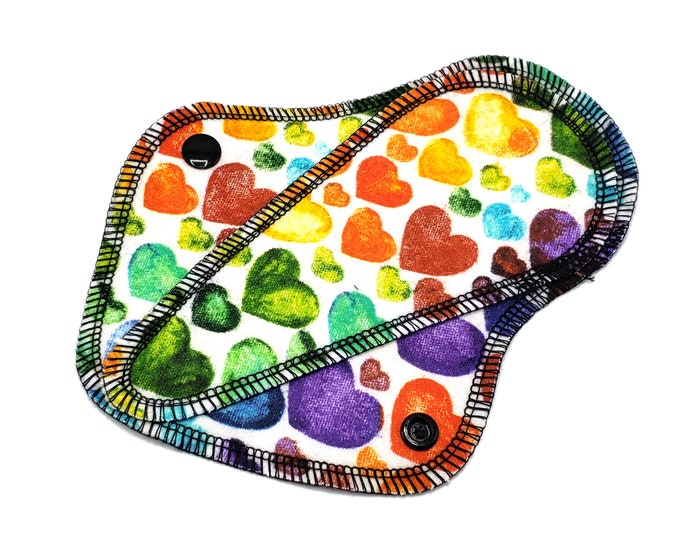 Thong Reusable Cloth Panty Liner, Soft Cotton Flannel Menstrual Pads, Sanitary Napkin, Light Flow Pad, Washable, Rainbow Hearts | LightWings