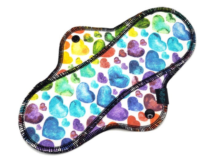 Reusable Cloth Pad - Midi Pad For Regular Flow - Cotton Flannel - 8″ to 14″ - Rainbow Hearts