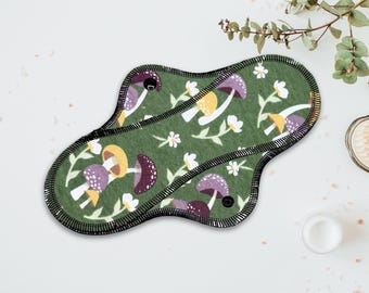Reusable Cloth Pad - Midi Pad For Regular Flow - Cotton Flannel - 8″ to 14″ - Mushrooms