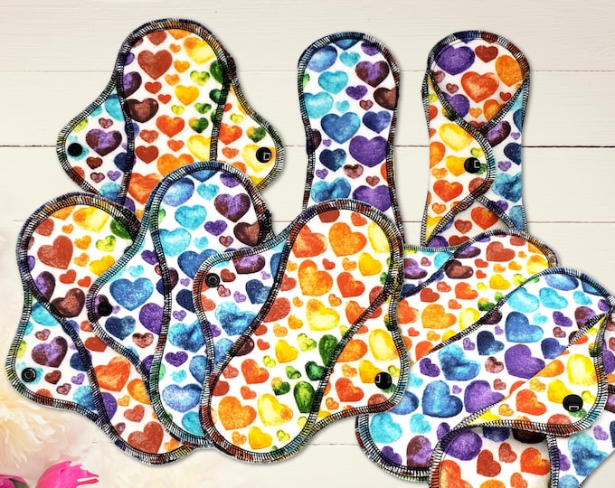 Reusable Cloth Pad - Light Pad - Cotton Flannel - 6" To 9" - Rainbow Hearts