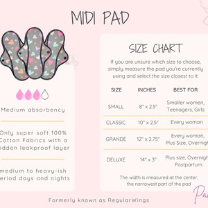 The image is a size chart for Midi pads, providing information on the different sizes available and their corresponding absorbency levels.