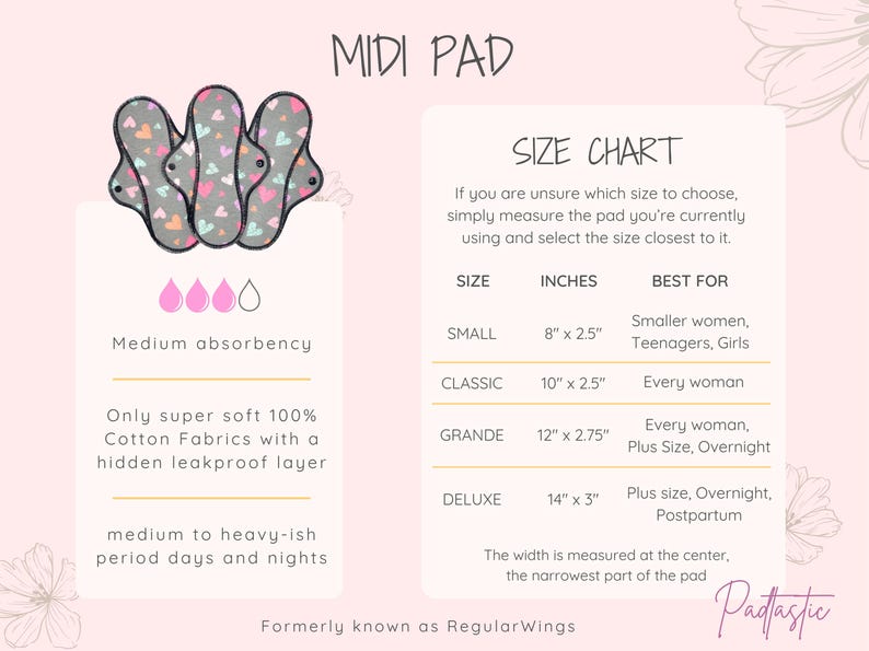 The image is a size chart for Midi pads, providing information on the different sizes available and their corresponding absorbency levels.