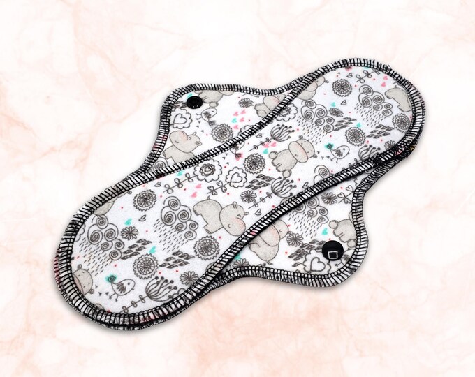 Reusable Cloth Pad - Midi Pad For Regular Flow - Cotton Flannel - 8″ to 14″ - Cute Hippos