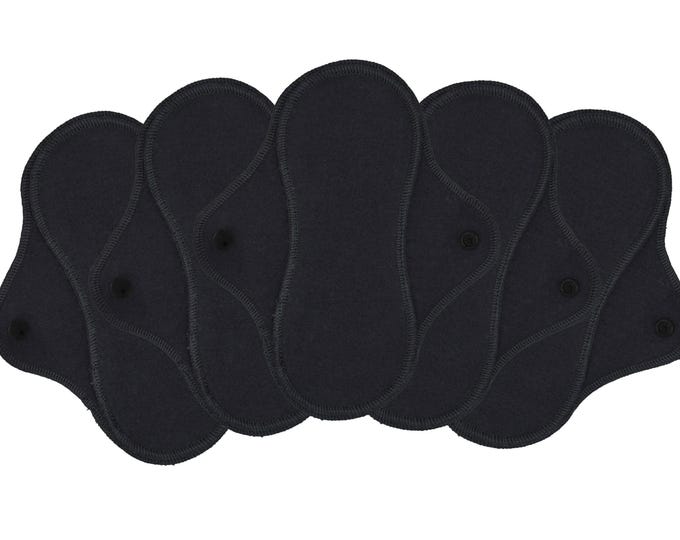 Set of 5 Reusable Cloth Pads,  Soft Cotton Flannel Menstrual Pads For Medium Heavy Flow, Washable Menstration Pads - Black | Midi Pad