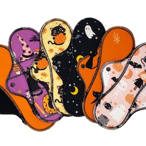Cloth Pads Set, 6 Soft Reusable Pads, Cotton Flannel Menstrual Pad, Eco Friendly Gift for Her, Zero Waste Period, Halloween | Midi Pad