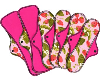 Heavy Flow Cloth Pads Set - Super Soft and Leakproof Reusable Menstrual Cotton Flannel Pads in 12" and 14" - Strawberries | RegularWings