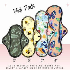 Midi pads in various sizes, ranging from 8 to 14 inches, with different floral and bee designs.