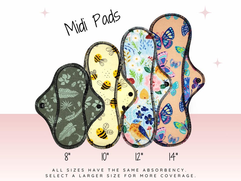 Midi pads in various sizes, ranging from 8 to 14 inches, with different floral and bee designs.