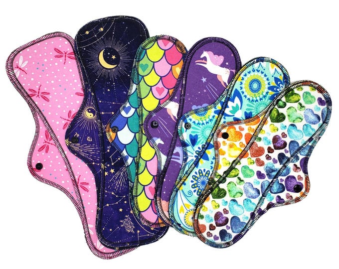 Overnight Cloth Pads Set, Cotton Flannel Reusable Menstrual Pads, Plus Size Period Pads in 12" + 14", Medium Flow Pads | Midi Pad - 6 Pack
