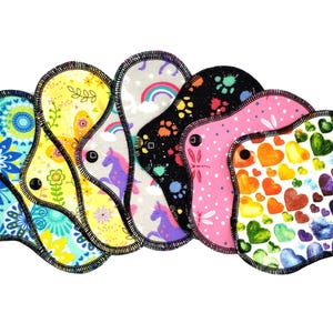 Light Flow Panty Liner Set, Super Soft Cotton Flannel Cloth Pads in 7&quot; and 8&quot;, Reusable Menstrual Cloth Pads, Pantiliners - Surprise Prints