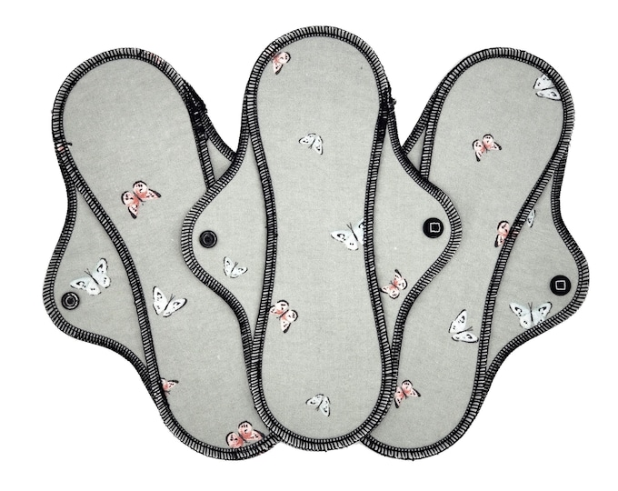 Organic Reusable Cloth Pad - Midi Pad For Regular Flow - Cotton Flannel - 8″ to 14″ - butterflies