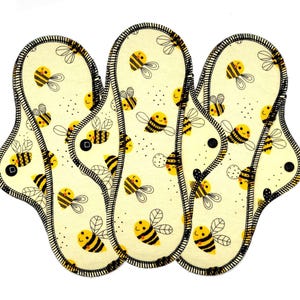 Reusable Menstrual Cloth Pads, Leakproof Cotton Flannel Period Pads, Zero Waste, Eco Friendly, Sanitary Napkin - Cute Bees | Midi Pad