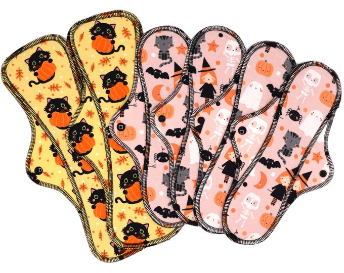 Heavy Flow Cloth Pads Set - Super Soft and Leakproof Reusable Menstrual Cotton Flannel Pads in 12" and 14" | Cute Halloween Prints