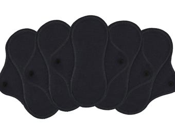 Set of 5 Reusable Cloth Pads,  Soft Cotton Flannel Menstrual Pads For Medium Heavy Flow, Washable Menstration Pads - Black | Midi Pad