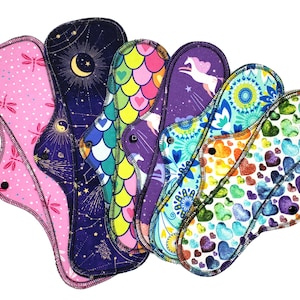 Heavy Flow Cloth Pads Set - Super Soft and Leakproof Reusable Menstrual Cotton Flannel Pads in 12" and 14" in Surprise Prints | RegularWings