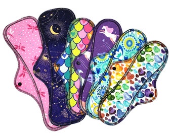 Heavy Flow Cloth Pads Set - Super Soft and Leakproof Reusable Menstrual Cotton Flannel Pads in 12" and 14" in Surprise Prints | RegularWings