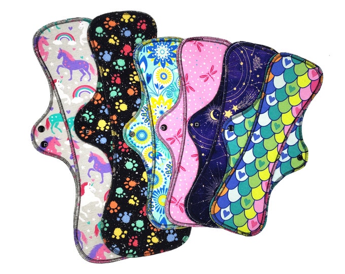 Extra Heavy Flow Cloth Pads Set - Super Soft and Leakproof Reusable Menstrual Cotton Flannel Pads in 14" and 18" in surprise prints, 6 pack