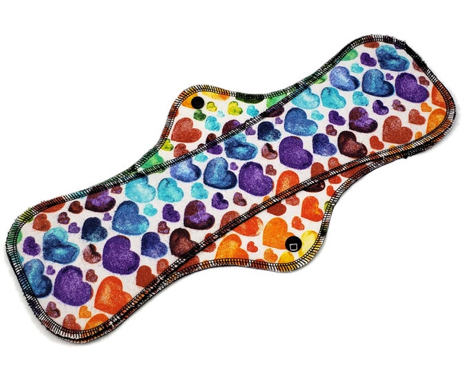 Reusable Menstrual Cloth Pad, Washable Sanitary Napkin, Leakproof Cotton Flannel Pad for Medium to Heavy Flow, Rainbow Hearts |RegularWings