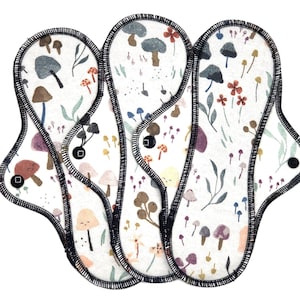 Organic Cotton Flannel Cloth Pad, Reusable Period Pads for Medium to Heavy Flow, Reusable Pad, Menstruation Pad, Mushrooms | Midi Pad