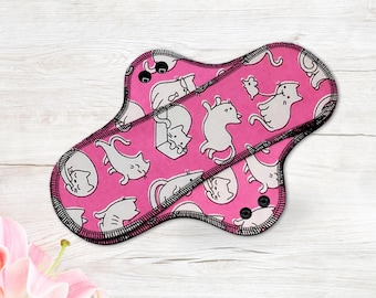 Reusable Cloth Pad - Maxi Pad For Heavy Flow - Cotton Flannel - 12" To 18" - Cats On Pink