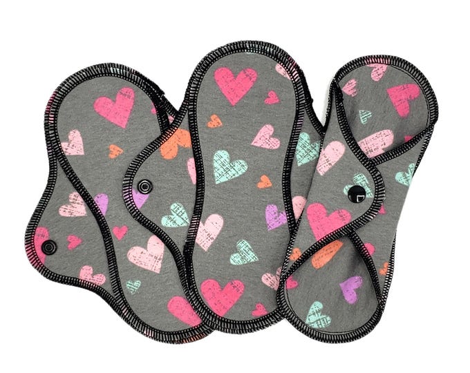 Reusable Cloth Pad - Light Pad - Cotton Flannel - 6" To 9" - Hearts On Grey