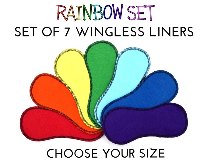 Set of 7 Wingless Panty Liners - Rainbow Set of Super Soft and Leakproof Cotton Flannel Panty Liners for Light Flow - Choose from 4 Sizes!