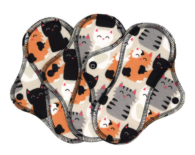 Leakproof Reusable Cloth Panty Liners - Super Soft Cotton Flannel Panty Liners for Light Flow in 6", 7", 8", 9" - Snuggle Cats | LightWings