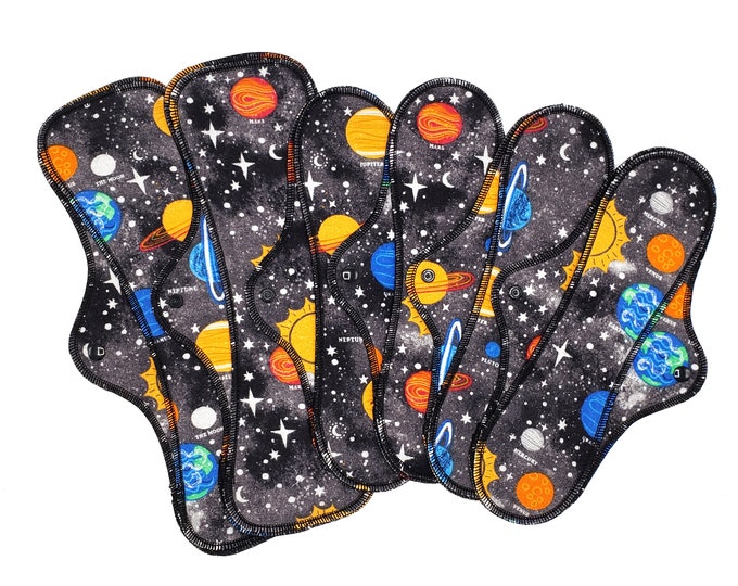 Heavy Flow Cloth Pads Set, Reusable Menstrual Cotton Flannel Pads in 12" and 14", Super Soft Overnight Menstration Period Pads XL - Planets