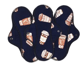 Reusable Cloth Pad - Midi Pad For Regular Flow - Cotton Flannel - 8″ to 14″ - Coffee Cups