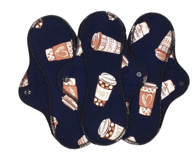Reusable Cloth Pad - Midi Pad For Regular Flow - Cotton Flannel - 8″ to 14″ - Coffee Cups