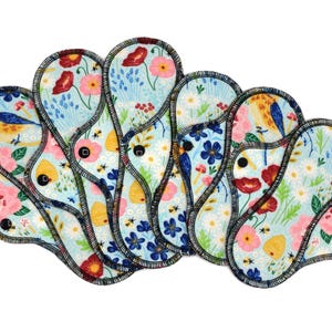 Cloth Pads Set for Medium Flow, Reusable Menstrual Cotton Flannel Pads in 8&quot; + 10&quot;, Period Starter Set, Birds and Bees | Midi Pads - 6 pack